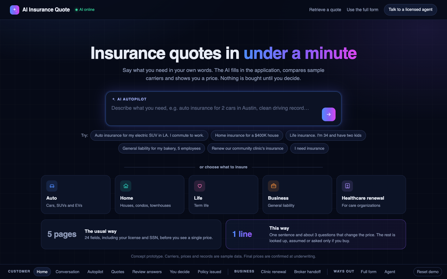 Home page with an AI Autopilot prompt box, example requests, five lines of insurance to choose from, and a comparison of five pages of forms against one line