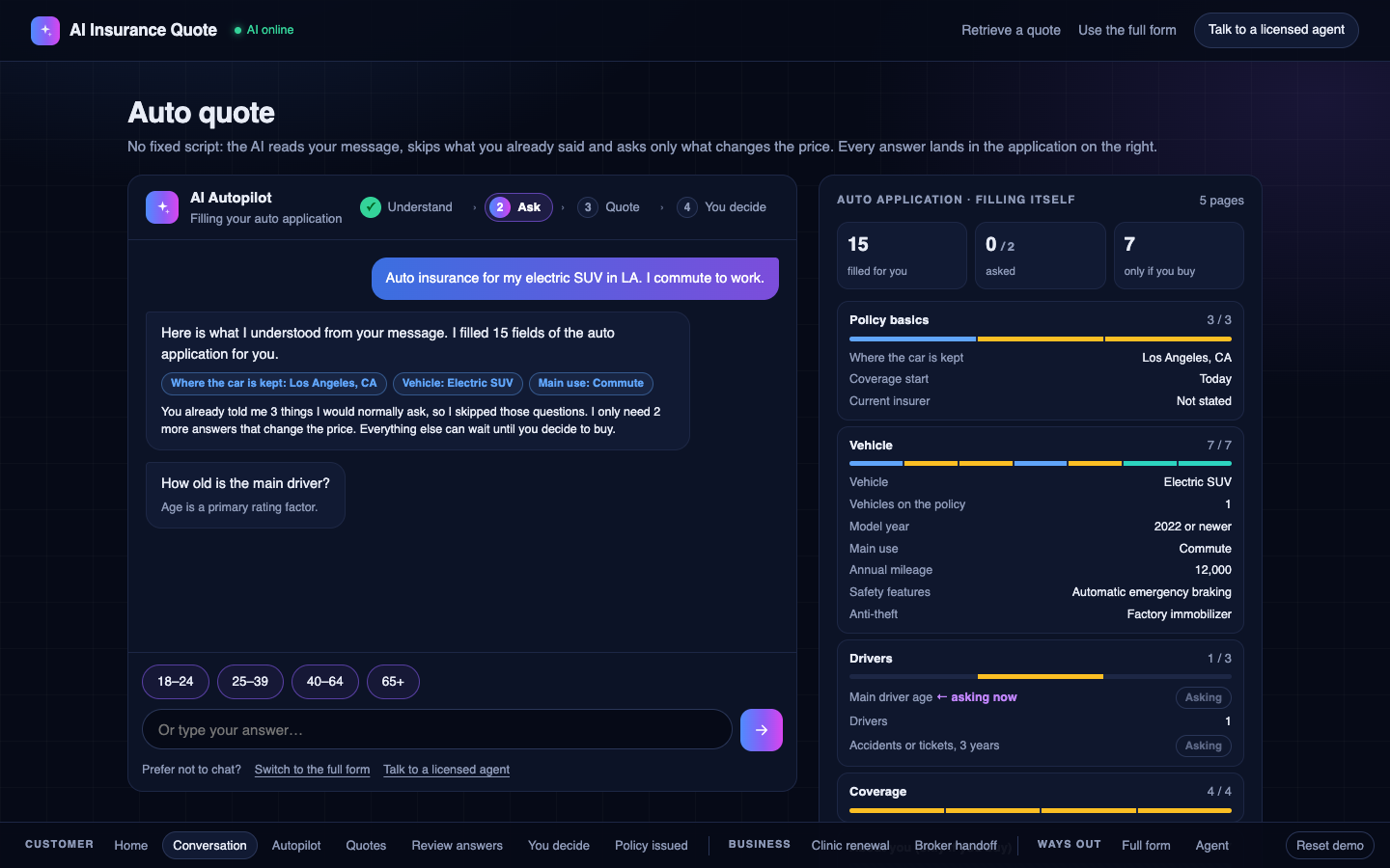 The AI has understood location, vehicle and use from one sentence and asks how old the main driver is, while the auto application on the right fills itself with labeled answers