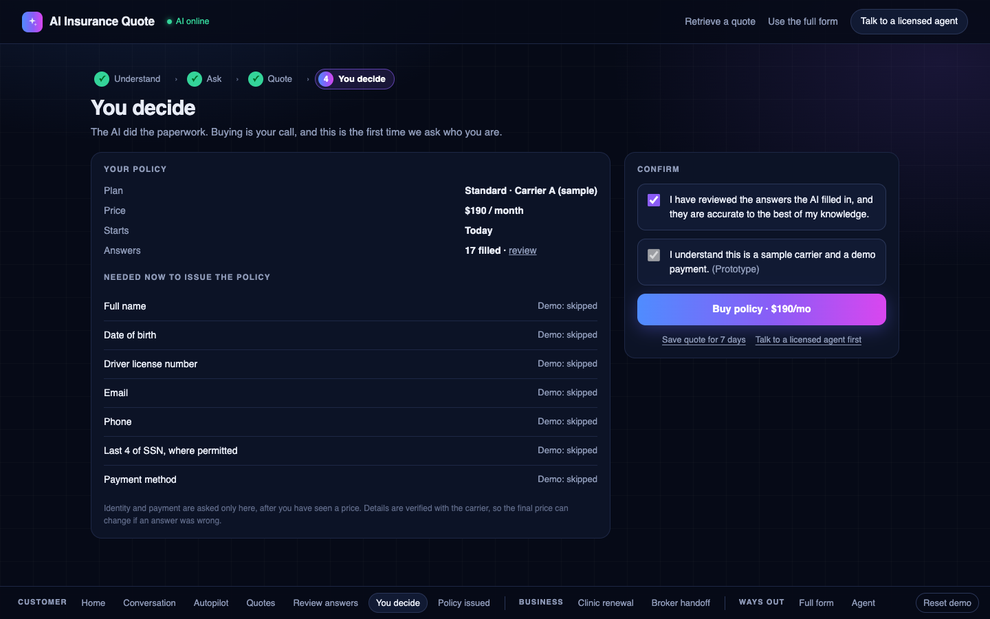 The purchase step: identity and payment fields appear only now, with a consent checkbox that must be ticked before buying