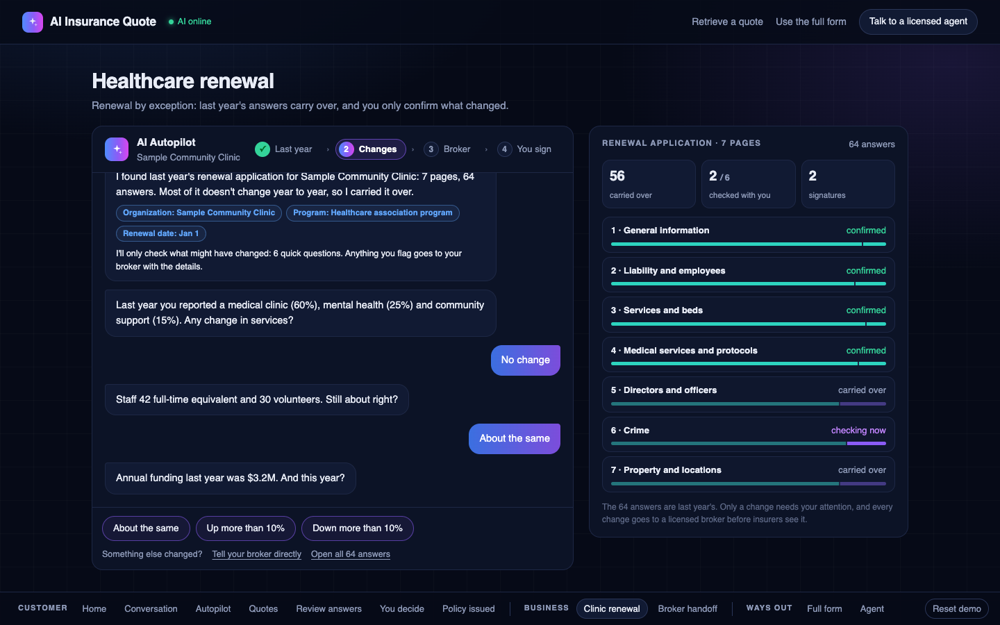 A healthcare organization renewal: last year’s 64 answers carried over across seven pages, with the AI checking only what changed