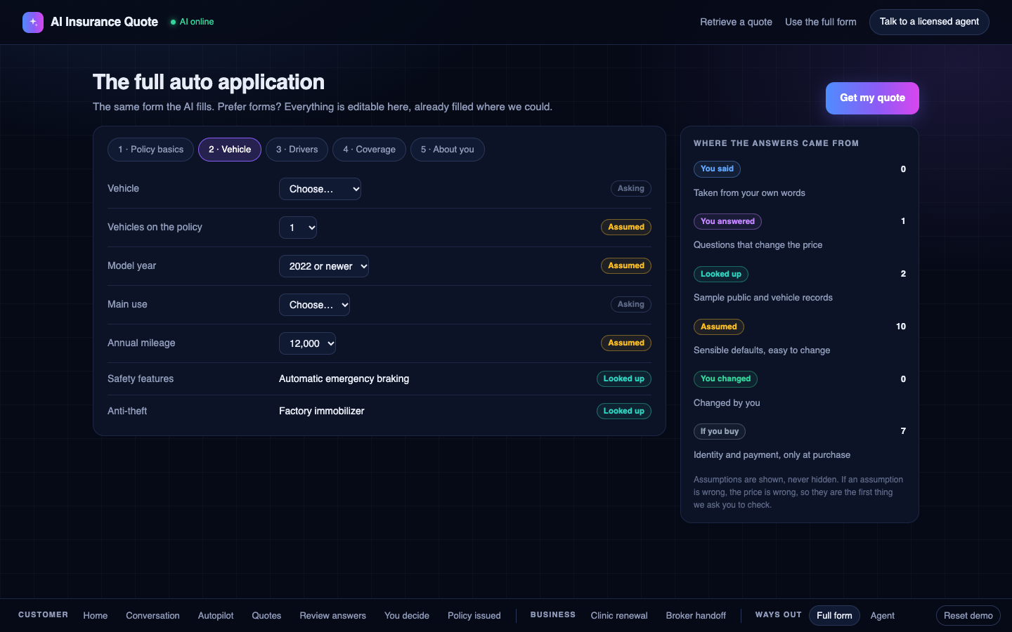 The same application as a traditional form, already filled where possible and fully editable, for people who prefer forms