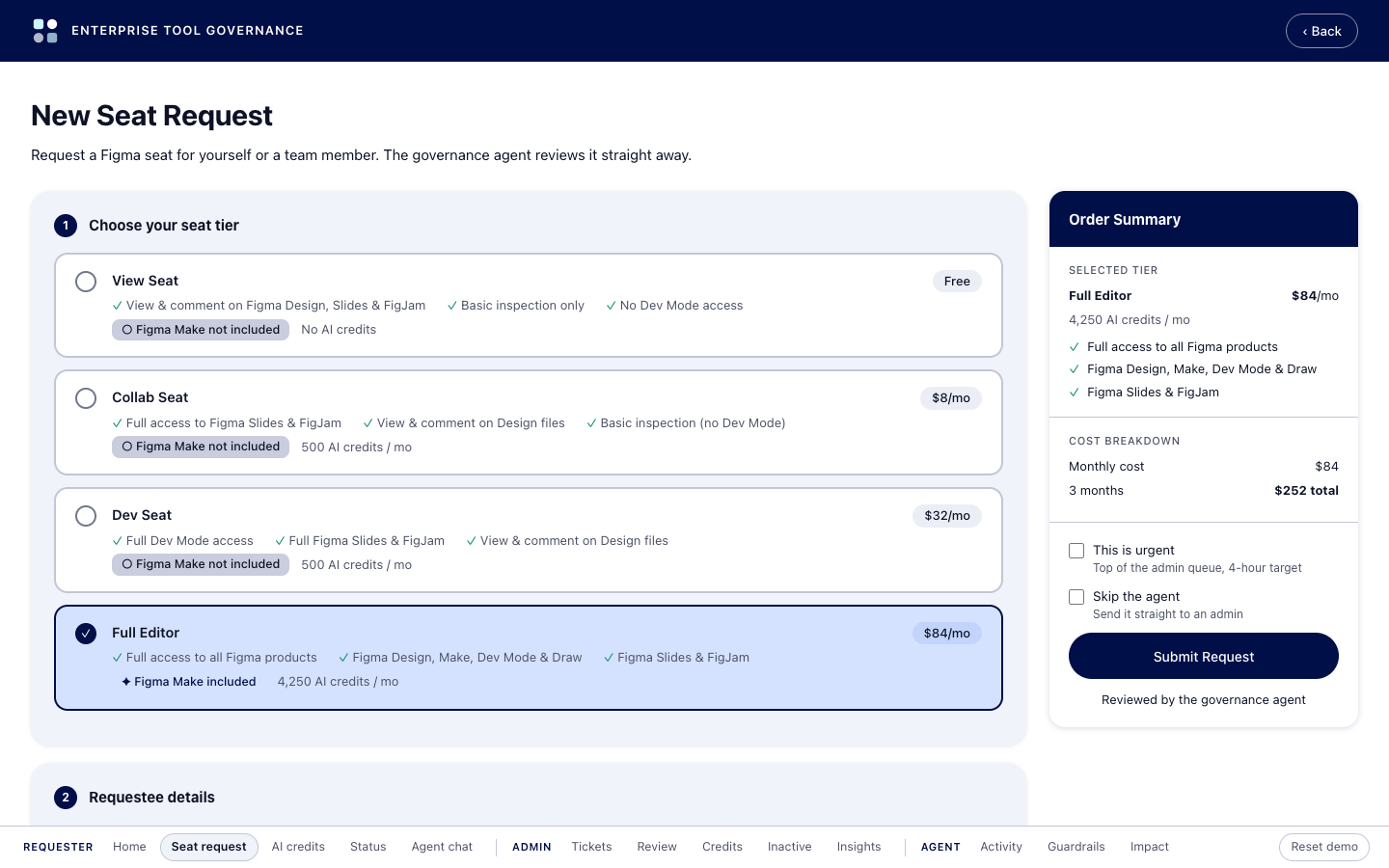 Seat request form with four seat tiers, each showing its price and AI credits, and an order summary totaling the cost for the project dates