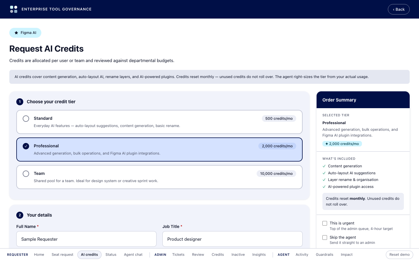 AI credits request form with three credit tiers and a required use case