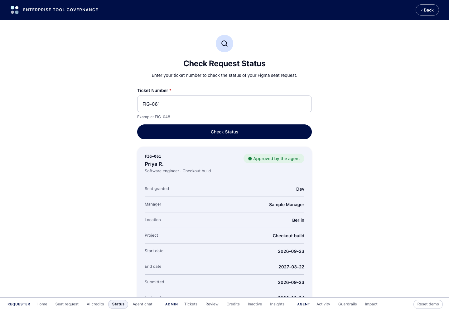 Status check showing a ticket with its seat, manager, project, dates and the agent decision