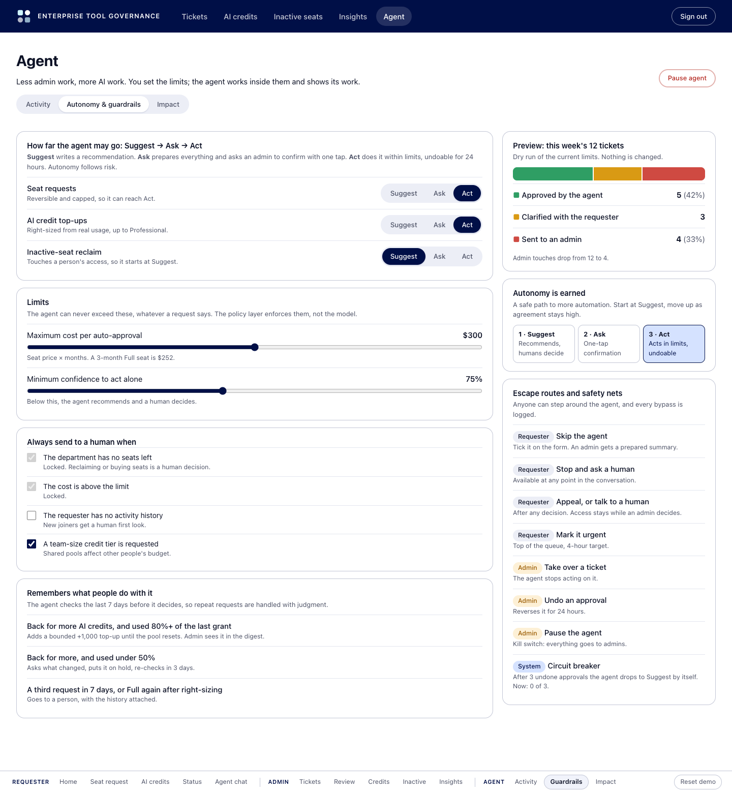 Autonomy and guardrails settings: Suggest, Ask or Act per job, limits, always-human rules, seven day memory, a dry run preview and escape routes