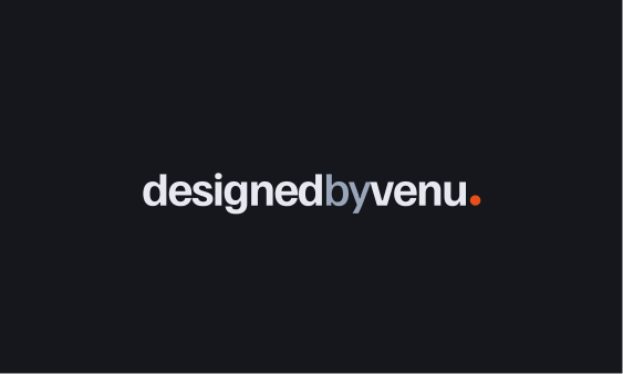 Designed by Venu business card, front: the wordmark on a dark background