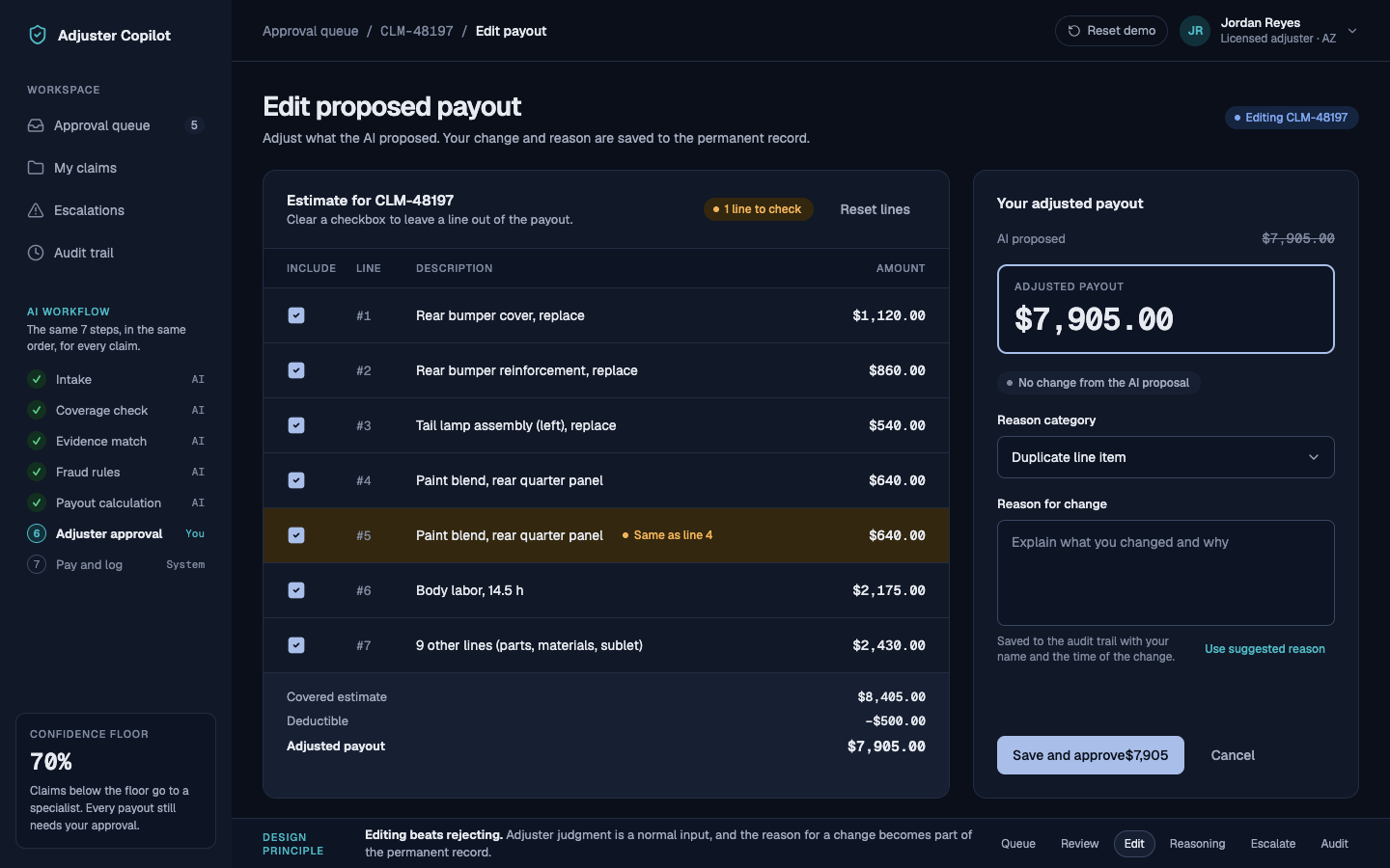 Edit-in-place screen where the adjuster changes the proposed payout and must give a reason