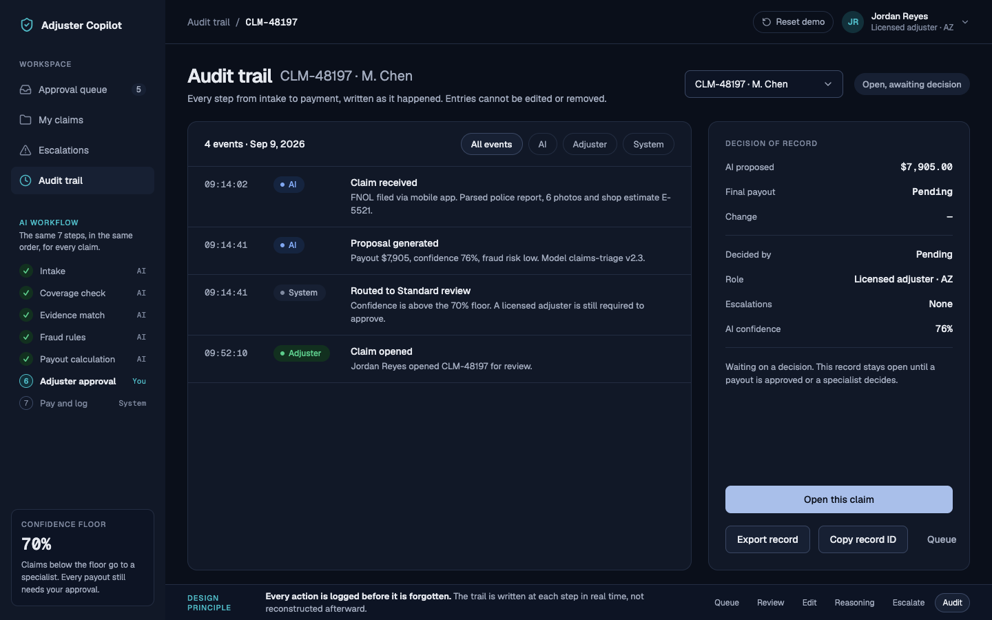 Timestamped audit trail of a claim from AI proposal to human approval